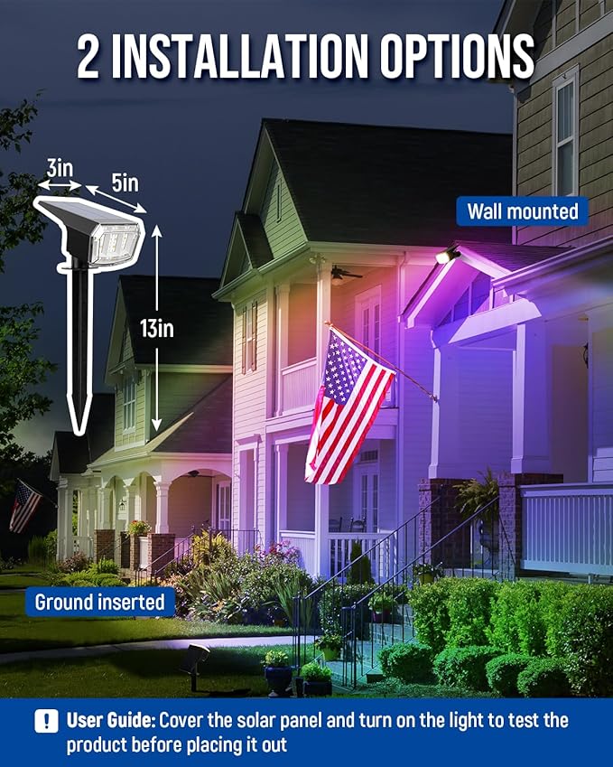 AUDERWIN Color Changing Solar Spot Lights Outdoor, 9 Lighting Modes Colored Solar Lights Outdoor RGB, Color Light Waterproof IP65, Landscape Spotlights for Halloween Christmas Decorations