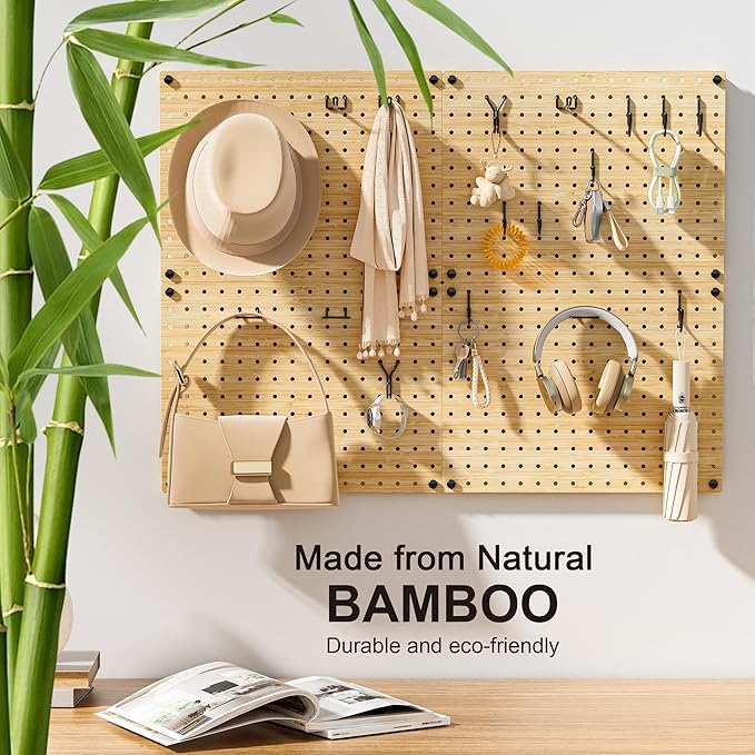 VOIMO Bamboo Peg Board, Eco-Friendly Pegboard Organizer Set with 35 Hooks – Wall Mounted Storage Rack for Kitchen, Tools, Crafts, Garage & Office – Pegboards System for Home Organization