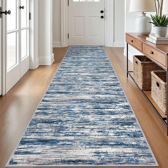 SIILOOM 2.6x12 Modern Abstract Runner Rug for Hallways, Navy Blue Gray Neutral Multi Super Soft Hallway Decor Kitchen Rugs with Non-Slip, Non-Shedding Washable Rug for Entryway Bedroom Indoor