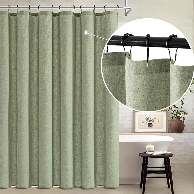 MIULEE Extra Long Linen Shower Curtain 84 Inches with 12 Metal Hooks Boho Farmhouse Heavy Buttonhole Fabric Shower Curtain Set Waterproof Thick Cloth Neutral Curtains for Bathroom W72*L84, Sage Green