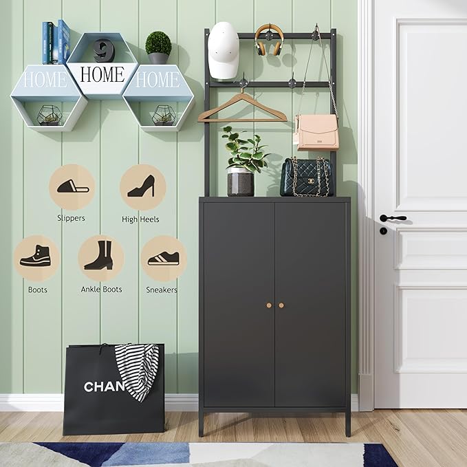 2in1 Hall Tree Shoe Cabinet for Entryway, Hallway, and Living Room,Metal Shoe Coat Rack Cabinet with 3 Adjustable Shelf,Shoe Storage Organizer with Hanging Bar & Hooks (Cabinet With Coat Rack, black)