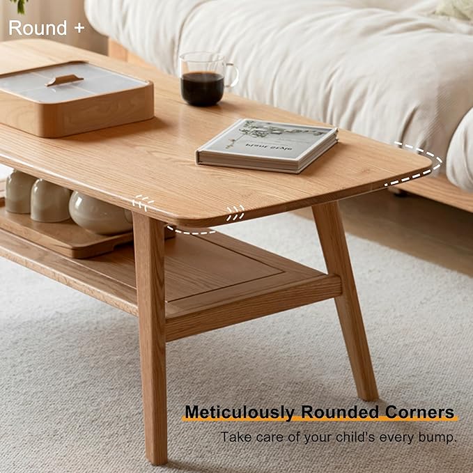 Modern Solid Oak Wood Coffee Table, 2-Tier Small Wooden Coffee Table with Storage Shelf for Living Room, Apartment, Office(40''D x 20''W x 18''H)