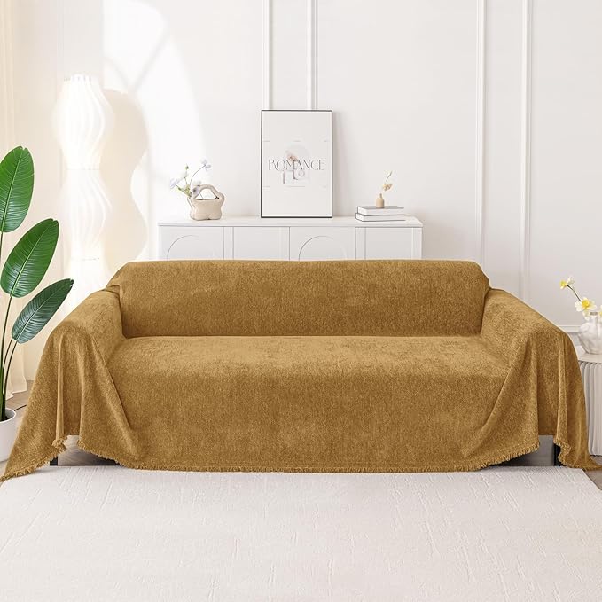 Smiry Couch Cover for Dogs, Washable Chenille Sofa Covers for 3 Cushion Couch, Soft Sofa Slipcover for Pets, Thick Sectional Furniture Protector with Tassels (Yellow, 88.5x118 Inch)