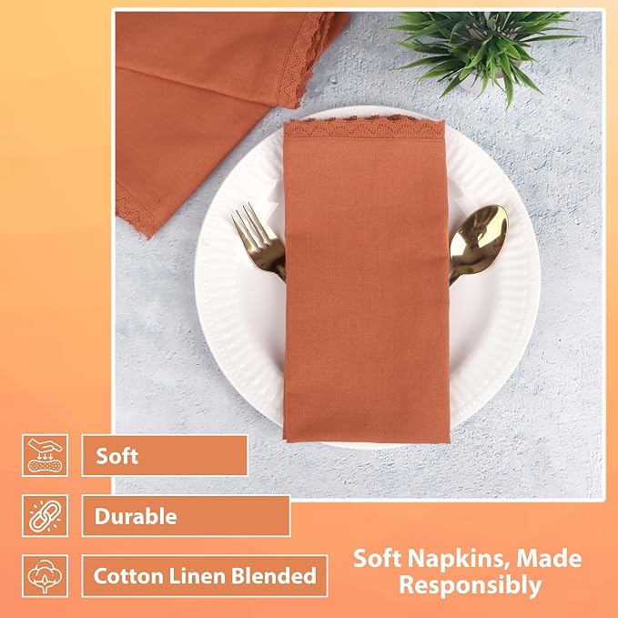 Dinner Cloth Napkins Cotton Fabric 12 Pack Easter Special Edge Finish with Fine Lace for Every Day Use Napkins are Pre Shrunk and Good Absorbency (Rust with lace, 18x18)