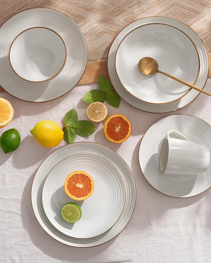 Famiware Jupiter 12-Piece Stoneware Dinnerware Set, Handcrafted Plates and Bowls with Speckles & Embossed Swirls, Chip/Scratch Resistant, Microwave/Dishwasher Safe, Modern Dishes, Service for 4, White