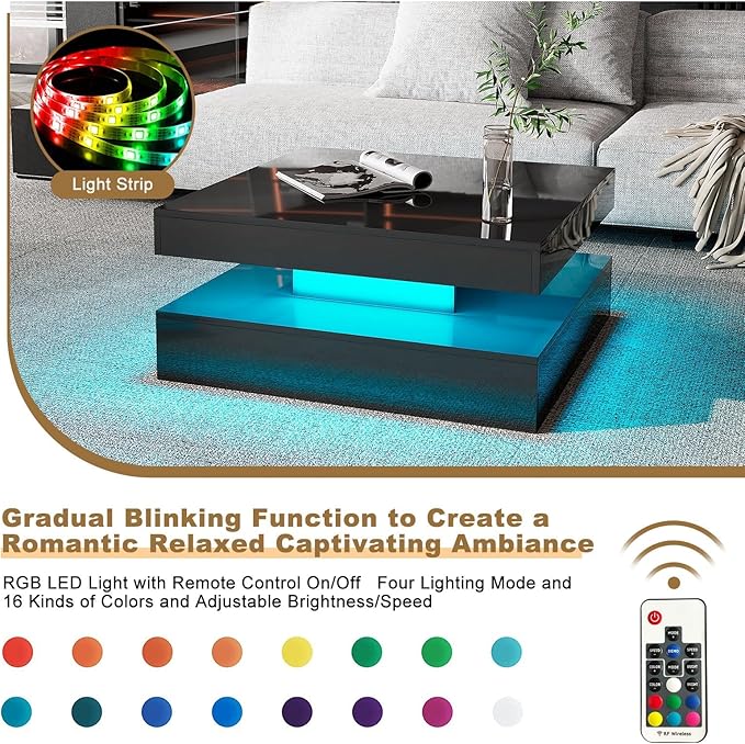 HedoAjim Black LED Coffee Table for Living Room, Living Room Table 2-Tier Square Center Tables, Wood Coffee Tables with Storage, Tea Table for Dining Reception Room