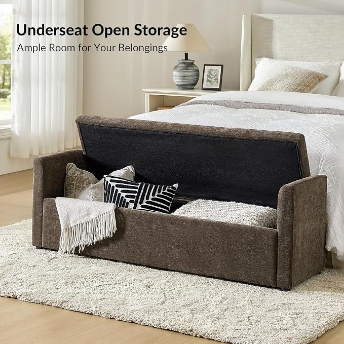 HULALA HOME 59" Storage Bench with 2 Throw Pillows, Modern Long Bedroom Bench for End of Bed, Comfy Upholstered Footstool for Entryway Living Room, Taupe
