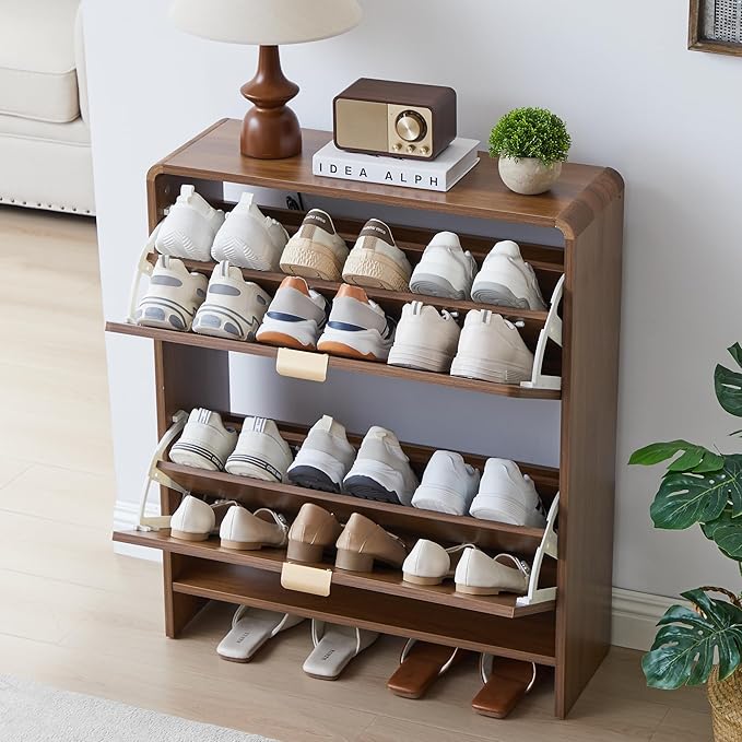 Narrow Shoe Cabinet, Wood Shoe Rack for Entryway with 2 Flip Drawers, Mid-Century Modern Slim Shoe Storage Cabinet Freestanding Hidden Shoes Organizer for Foyer, Hallway (Walnut, 27.56'')