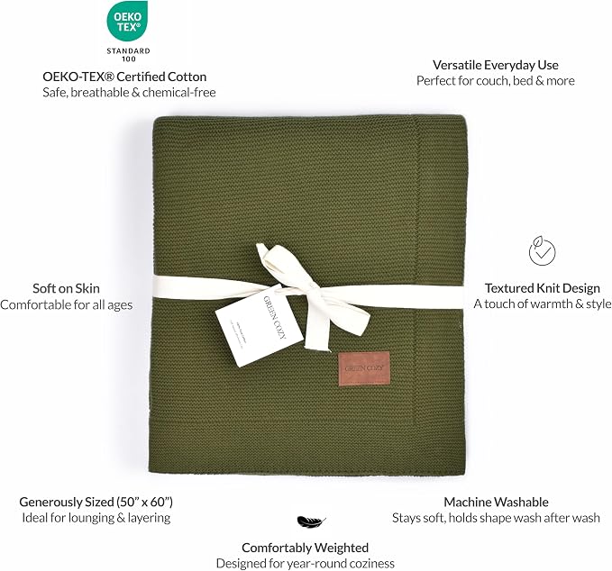 100% Cotton Knitted Throw Blanket – Oeko-TEX® Certified, Breathable & Soft, 50" x 60" – Substantial All-Season Blanket for Couch, Bed, Home Décor and Gifting - 2 lb (Olive Green)