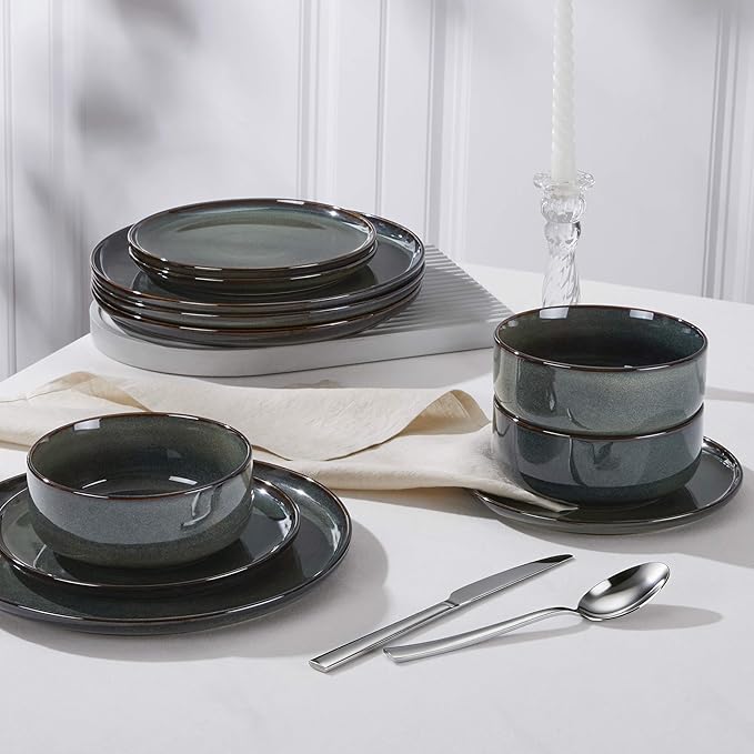 Herogo 6 Pieces Stoneware Dinnerware Set Service for 2, Dinner Plates and Bowls Sets, Double Reactive Glaze Dishes Set for Kitchen, Scratch Resistant, Microwave & Dishwasher Safe, Moss Green