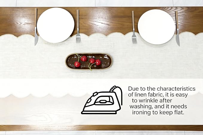 100% Natural Linen Rustic Scalloped Embroidery Table Runner 108 Inches Long, Linen Table Runner 14 x 108 Inch for Dresser and Dining Tables Decor, 8-10 Sets, Linen(Edges-Gold)