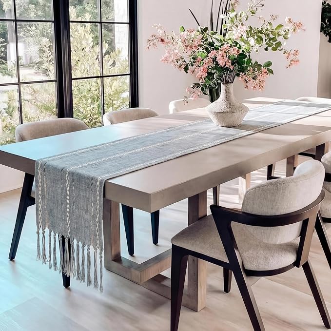 Farmhouse Decor Boho Table Runner with Macrame, Elegant Dusty Blue Coffee Table Runners 108 Inches Long, Rustic Home Decor Boho Decorations for Dining Room Kitchen Baby Bridal Shower (13"×108")