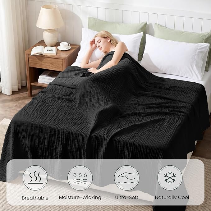 Love's cabin Cooling Muslin Blanket Queen Size, 50% Rayon Derived from Bamboo, 50% Cotton, 4-Layer Lightweight Breathable Summer Gauze Blanket for Bed, Soft for Hot Sleepers and Kids, 90"x90", Black