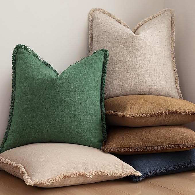 Foindtower Set of 2 Decorative Linen Fringe Throw Pillow Covers Cozy Boho Farmhouse Cushion Cover with Tassels Soft Accent Pillowcase for Couch Sofa Bed Living Room Home Decor, 20×20 Inch, Pine Green