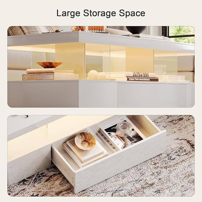 ChooChoo Modern LED Coffee Table, High Glossy Center Table with Drawer, Rectangle Coffee Table with Storage for Living Room, Bedroom, White
