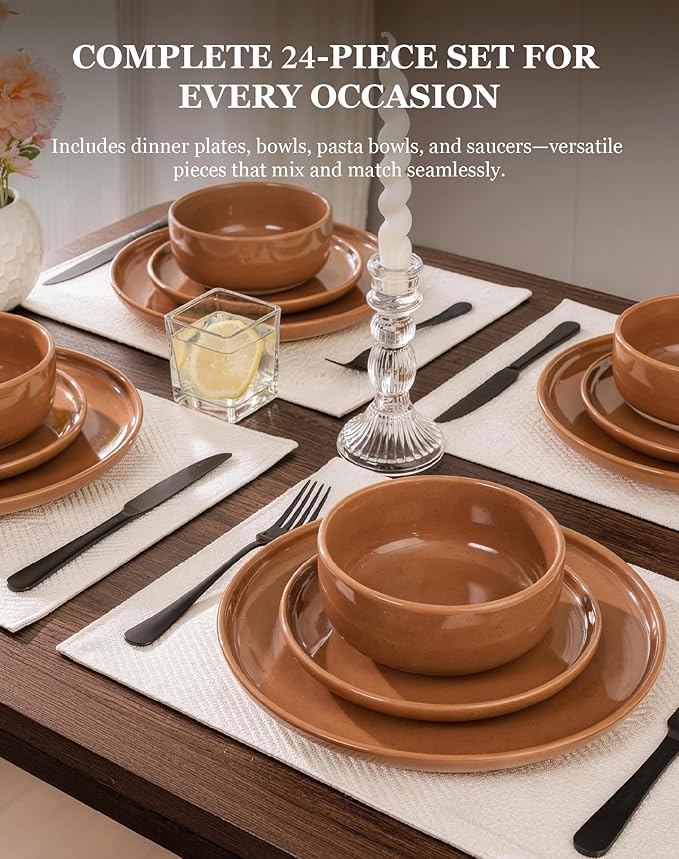 OTAGO 24-Piece Dinnerware Sets for 6, Ceramic Plates and Bowls Set with Partially Unglazed Base, Handcrafted Look, Stoneware Dishes Set for Kitchen, Brown, Dinner & Dining, Microwave & Dishwasher Safe