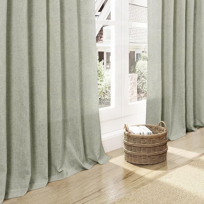 Sage Green Curtains 100 inches Long 2 panels for Living Room Back Tab Rod Pocket Semi Sheer Linen Draperies Muted Neutral Sage Room Decor Earth Tone Pale Green Curtains 100 inch Length for Bedroom