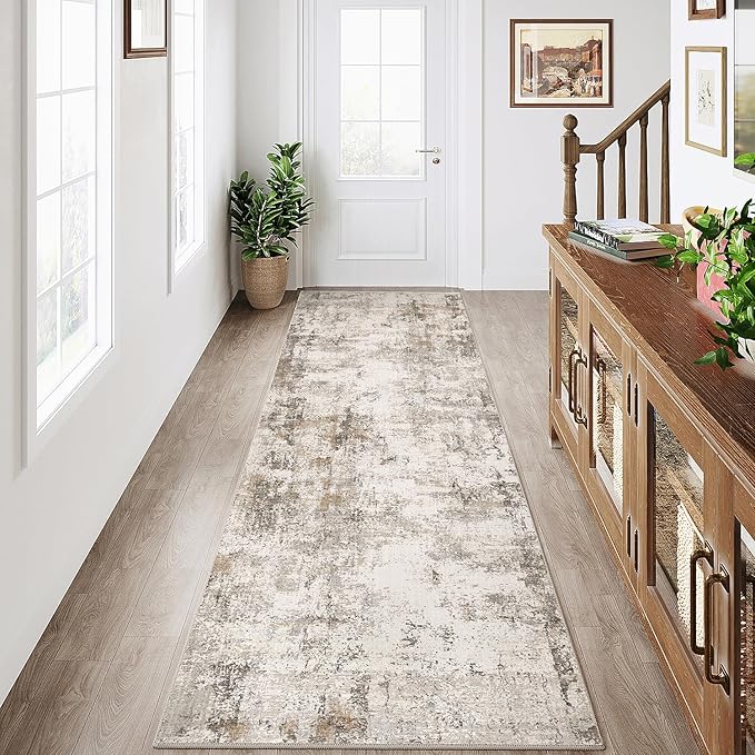 2x7 Washable Runner Rug Brown Grey Abstract Non Slip Soft Low Pile Hallway Kitchen Rug Neutral Modern Carpet for Laundry Bathroom Bedroom Living Room Home Decor