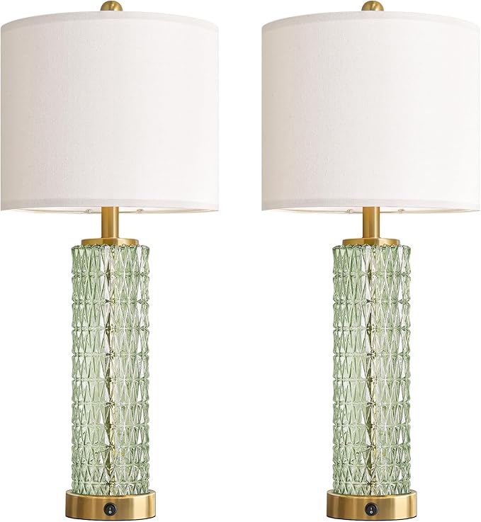 Oneach 27.75" Modern Table Lamps Set of 2, Green Bedside Lamp with Glass Nightlight, USB A+C, Unique Desk Lamps for Living Room, Bedroom, Nightstand, End Table (2 Bulbs Included)
