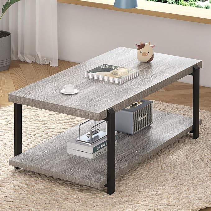FOLUBAN Rustic Coffee Table, Modern Wood Center Table for Living Room, Industrial 2 Tier Rectangle Low Cocktail Tea Table with Storage Shelf, Light Grey