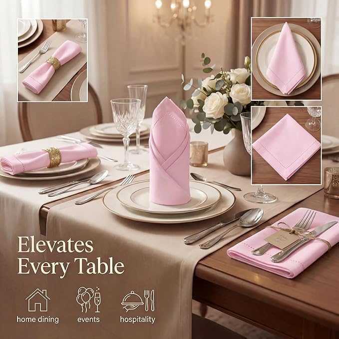 Urban Villa Cloth Napkins 100% Cotton Highly Absorbent Washable Reusable Premium Dinner Napkins Ideal for Gifts for Mothers Day Hotel Farmhouse Parties - Pink - Hemstitch (20" x 20", Set of 12)