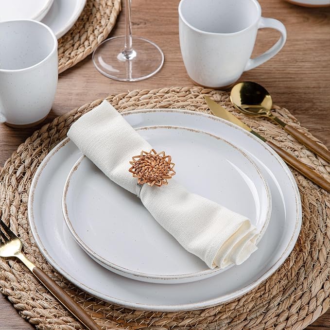AmorArc Dinnerware Sets for 6, 18 Pieces Stoneware Plates and Bowls Set with Handbrush Rim, Scratch Resistant Dishes Set, Dishwasher & Microwave Safe, White