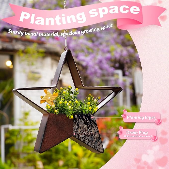 Metal Plant Hangers Indoor and Outdoor: Birthday Gifts for Mom Women Her Wife Garden Lovers - Star Shape Hanging Planters for Window Wall Living Room Office Decor(Rustic)