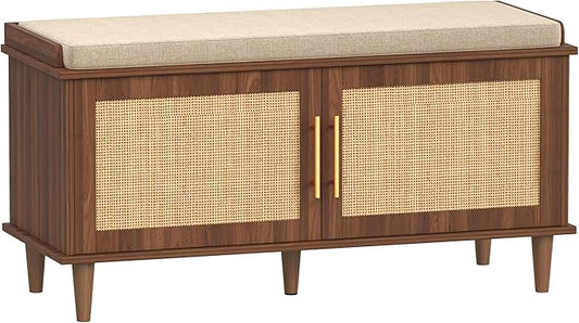 Akxomel Rattan Shoe Storage Bench with Cushion, 2-Tier Entryway Bench with Adjustable Shelves and 2 Doors, 15" D x 39.4" W x 20" H, Solid Wood Legs, for Hallway, Living Room, Bedroom, Walnut