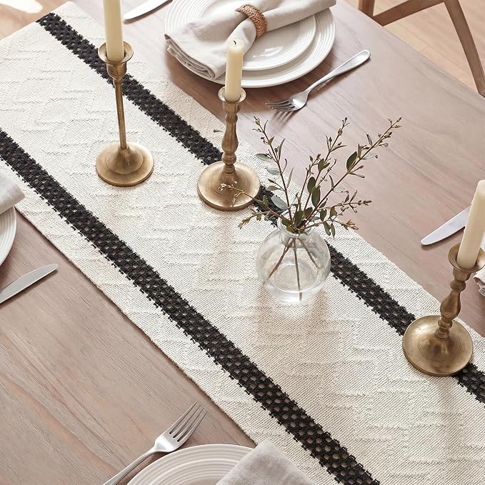 Artoid Mode Black Stripe Woven Table Runner, Seasonal Holiday Hollow Kitchen Dining Table Decoration for Home Party Decor 12x48 Inch