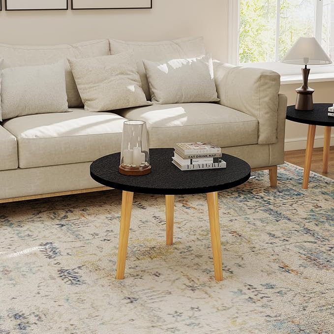 Round Coffee Table Low Table with 3 Solid Wood Sturdy Legs,Floor Table Desk for Sitting on The Floor,23.6"D x 23.6"W x 16"H Inches,Living Room/Toy room Furniture,Rental house Furniture (Black)