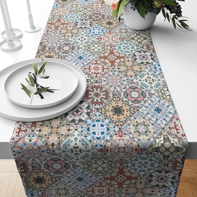 YCness Vintage Floral Boho Table Runner Colorful White Mandala Mexican Flower Dining Table Decor for Kitchen Living Room Party Holiday, 13x36 Inch