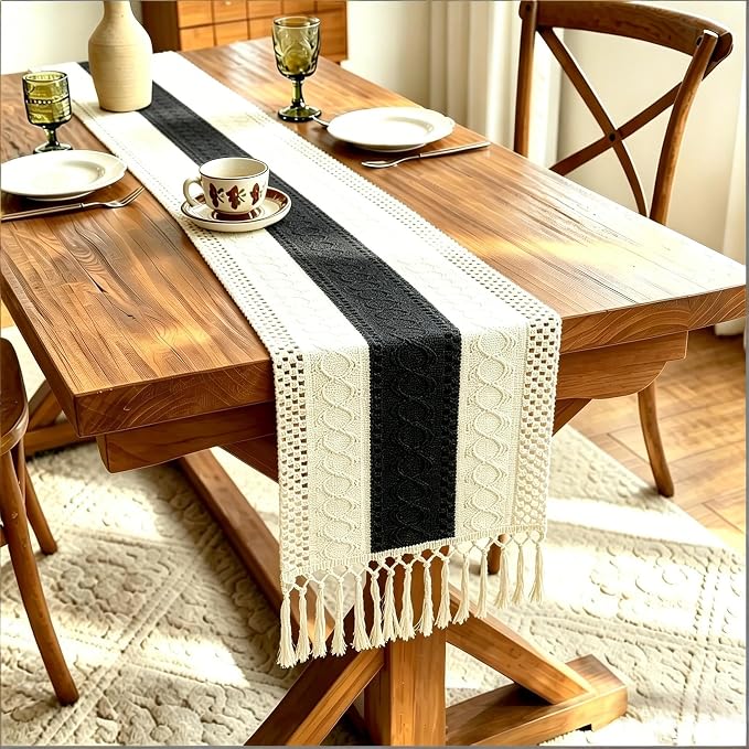 Boho Table Runner for Home Decor with Tassels 72 Inches Long , Farmhouse Rustic Black Table Runners for Bohemian Kitchen Dining Table(12x72in)