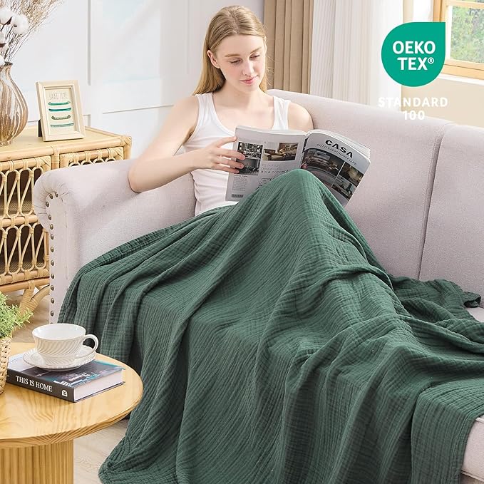 EMME Cotton Muslin Twin XL Blanket Breathable Gauze Blanket Soft Lightweight Blankets Adults Gifts for Women (Forest Green, 66"x90")
