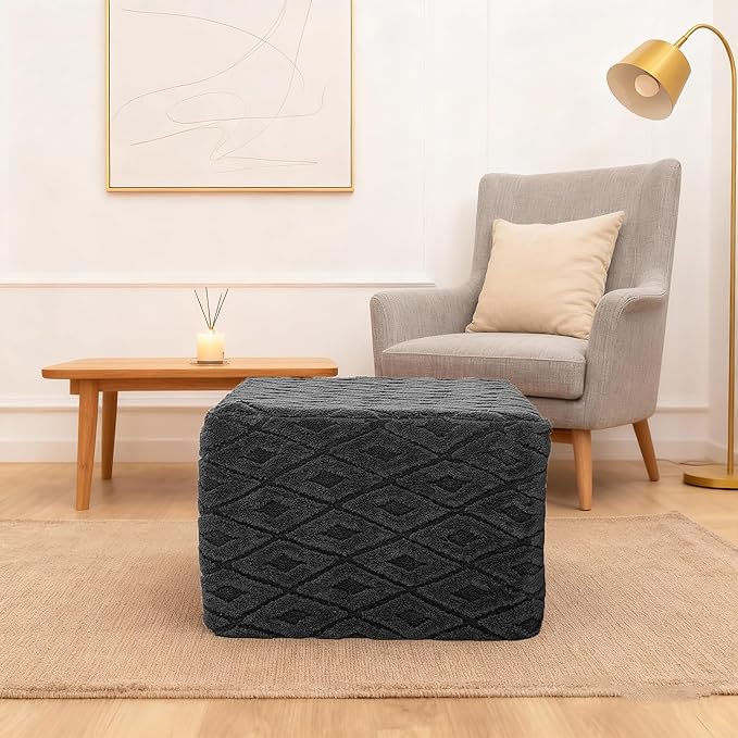 Fluffy Square Ottoman Pouf with All-in-One Foam Filling 20 x 14 Inches Furry Ottoman Foot Rest Foot Stool for Living Room or Bedroom (Gray)