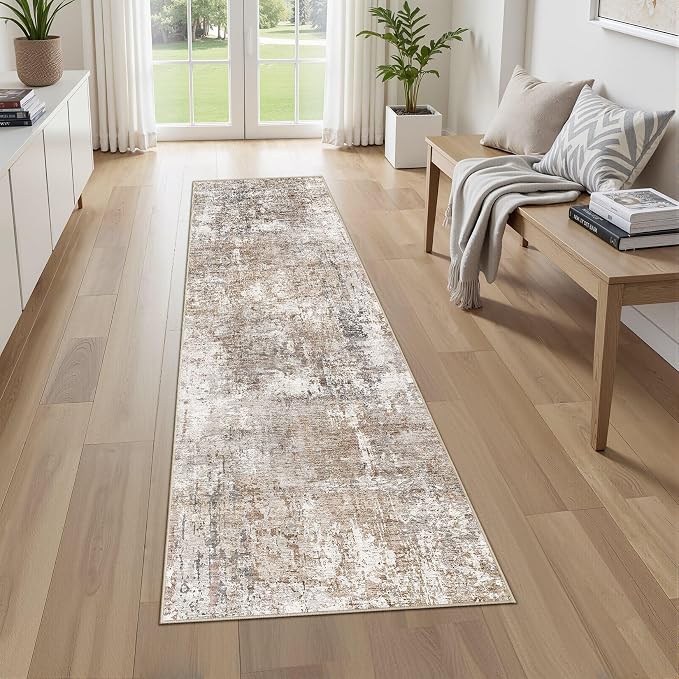UERMEI 2x8 Washable Runner Rug for Hallway, Non Slip Low Pile Kitchen Carpet, Neutral Modern Abstract Indoor Floor Mat for Entryway Laundry, Kid & Pet Safe High Traffic Area, Brown/Grey/Red