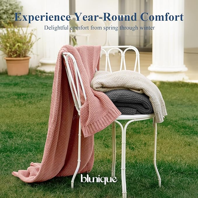 100% Cotton Cable Knit Throw Blanket, Lightweight Soft Knit Blanket for Sofa Couch Bed, Breathable All-Season Throw, Cozy Decorative Blanket, 50 x 60 Inch,Linen