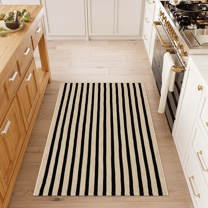 Outdoor Striped Rugs 3'x5', Black and Tan Cotton Hand Woven Front Door Mat,Washable Reversible Front Porch Rug, Foldable Layered Door Mats for Entryway/Home Entrance/Farmhouse