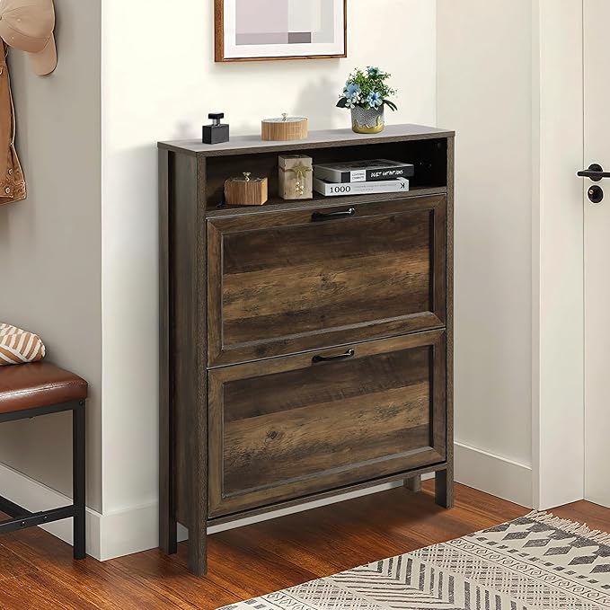 LOUVIXA Shoe Cabinet with 2 Flip Drawers, Narrow Shoe Storage Cabinet, Freestanding Shoe Cabinet Organizer, Hidden Shoe Rack Cabinet for Entryway, Hallway (2-Drawers, Brown/2-drawers)