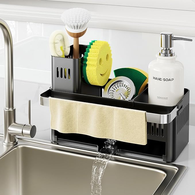 Nieifi Sponge Holder for Kitchen Sink, Sink Caddy with High Brush Holder and Towel Rack, Kitchen Countertop Organizer and Storage Essential (Black with Smiley Face, 10.12″)