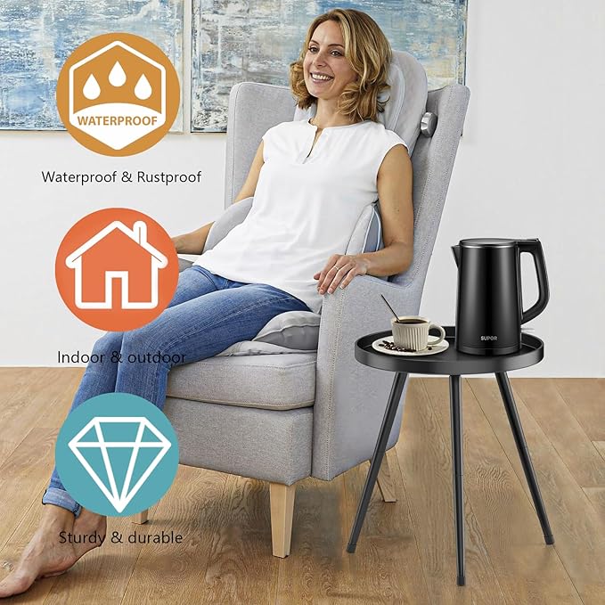 SYQ Round Metal Side Table Small End Table for Indoor Outdoor, Mid Century Modern Decor, Simple Circle Accent Table for Living Room Bedroom Bathroom Office All Matte Black