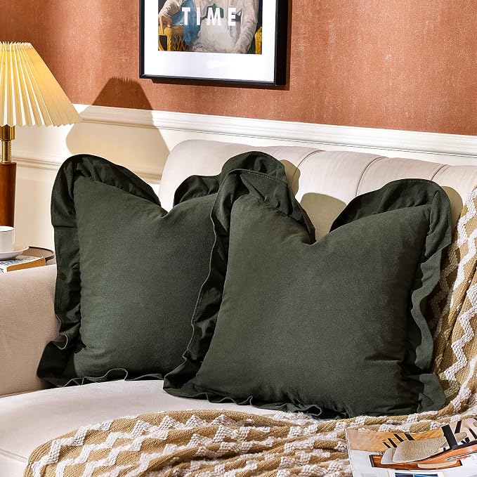 AmHoo Pack of 2 Throw Pillow Covers 100% Cotton Pre Washed Ruffle Decorative Pillowcase Cushion for Couch Sofa Bedroom 16 x 16-Inch Green