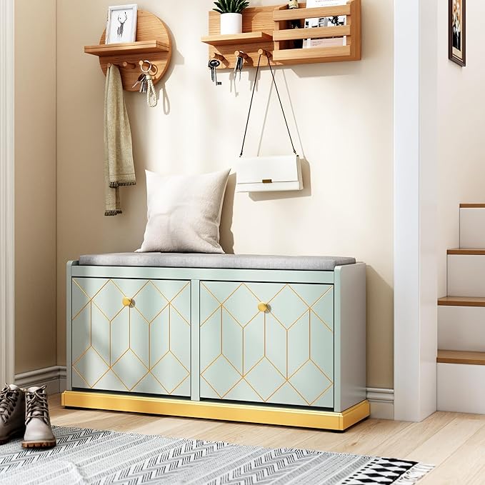 HLR Shoe Bench with Storage, Modern Entryway Bench with 2 Flip Drawer & Padded Cushion Seat, Shoes Storage Bench for Hallway, Closet, Living Room, Green Shoe Storage Cabinet with Bench