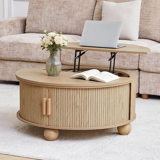 Fluted Round Lift Top Coffee Table with Hidden Storage, 33.5'' Modern Boho Center Table with Sliding Tambour Door & Solid Wood Legs, Circle Coffee Table for Living Room, Small Space, Natural