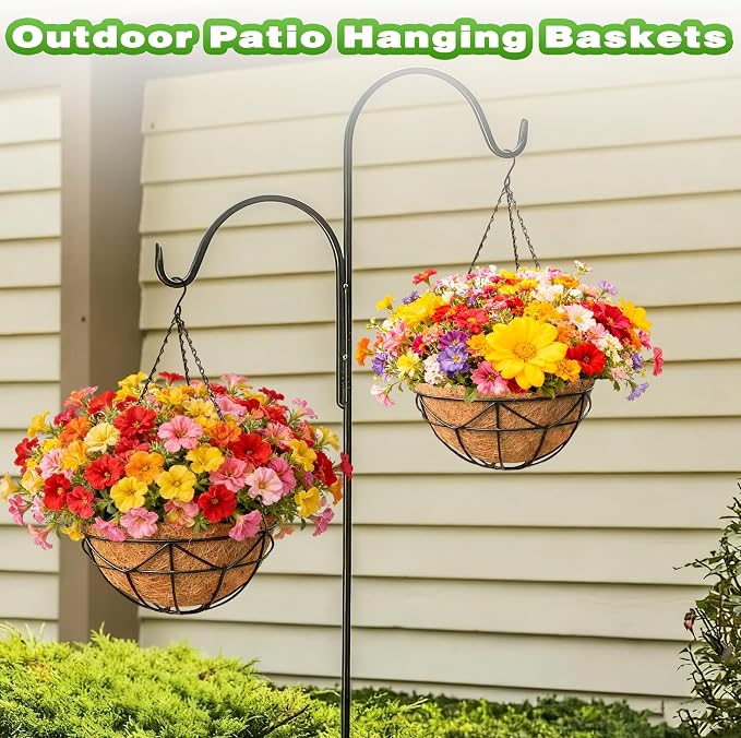 4 Pack 12 Inch Metal Outdoor Hanging Baskets Black Heavy Duty Hanging Planters with Coco Liners for Indoor Outdoor Plants Gardens Patios Terraces（Geometric）