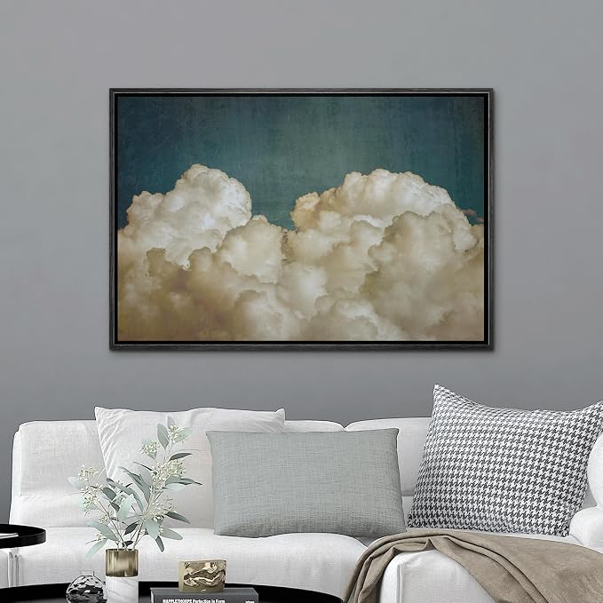 MUDECOR Framed Canvas Print Wall Art Vintage Golden Clouds Retro Sky Painting with Teal Illustrations Digital Art Decorative Bohemian Contemporary for Bedroom - 24"x36" Black