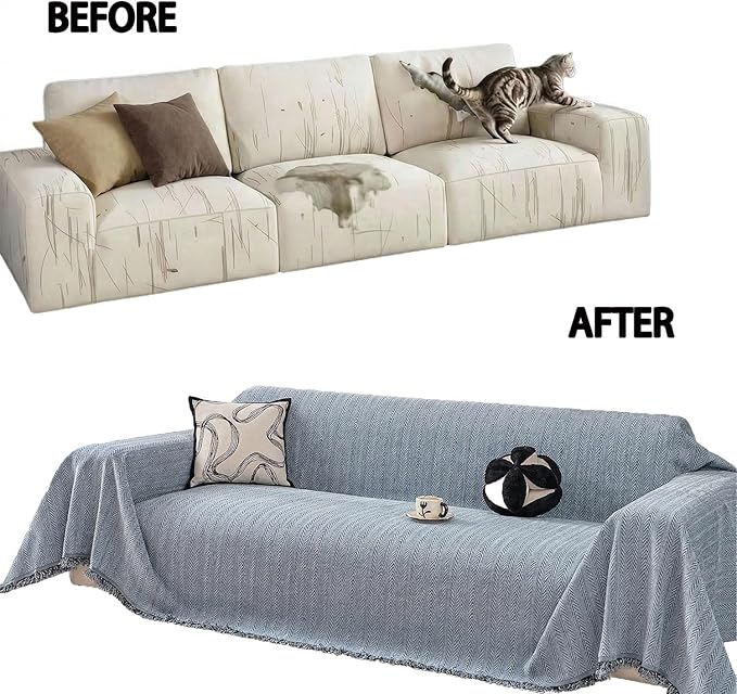 Chenille Couch Cover for Sofa Non Slip Cover Washable Pet Couch Covers Tassel Armchair Sofa Slipcovers Dog Scratch Furniture Protector Blanket for Living Room,Dusty Blue 71"x71"