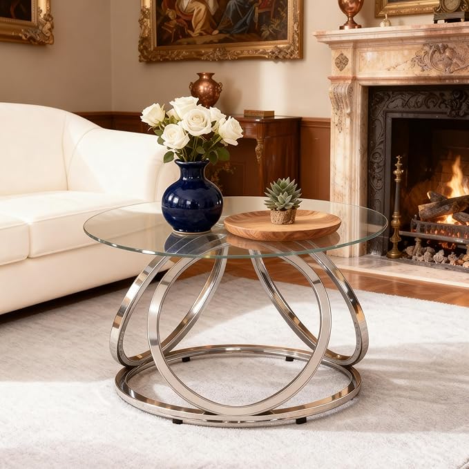 O&K FURNITURE Silver Coffee Table, Modern Glass Coffee Table Living Room Table with Ring-Shaped Frames, Glass Coffee Table for Home&Office, Chrome Finish, 1 PC | Modern, Living Room Table, Glass Coffee Table, Home&Office, 1 PC