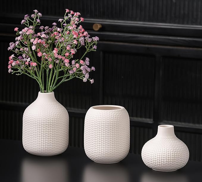 White Ceramic Vases for Decor, Weave Style Modern Minimalist Decorative Vase Set of 3 for Table Shelf, Bookshelf Decoration