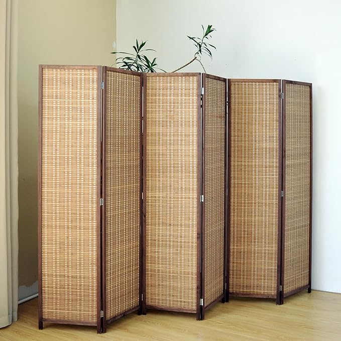 6 Panel Bamboo Room Divider Screen,5.6 FT Tall Bamboo Divider Folding Panel Screen,Freestanding Panel Divider for Room Seperation,Brown
