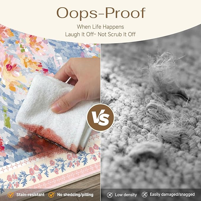 2x5 Washable Runner Rug Pink Blue Floral Abstract Hallway Kitchen Throw Rug Modern Non Slip Soft Low Pile Carpet for Bathroom Laundry Bedroom Living Room